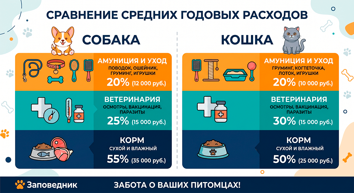 Инфографика сравнения средних годовых расходов на содержание собаки и кошки