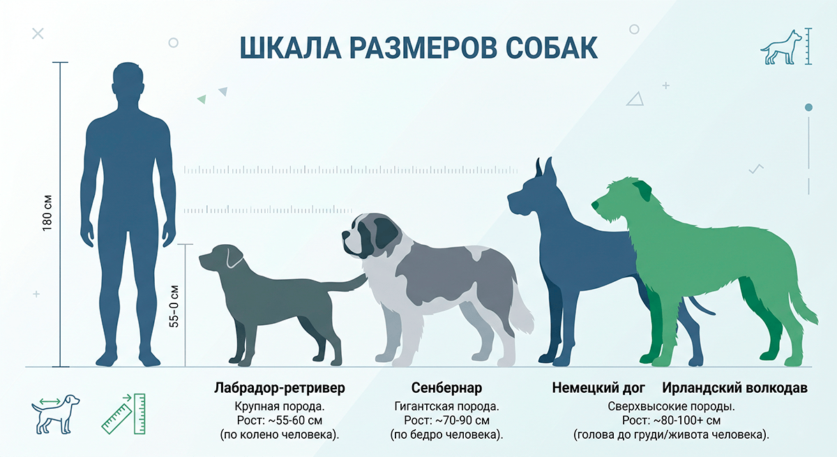 Визуальное сравнение роста человека и собак гигантских пород: немецкого дога, сенбернара и волкодава