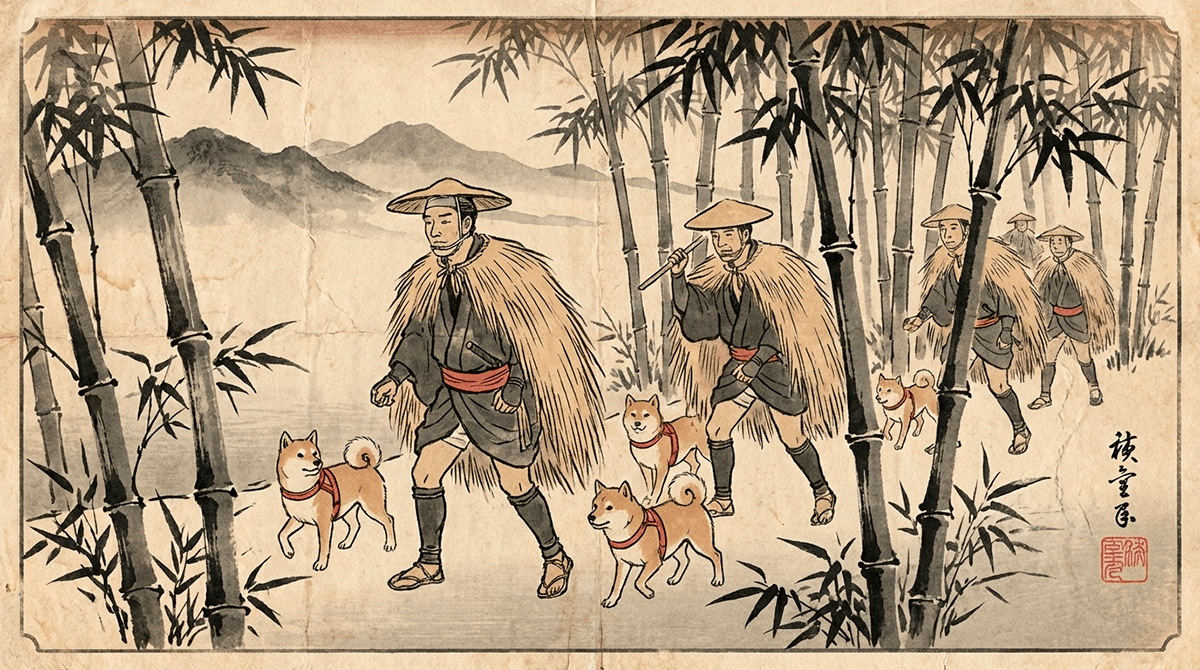 Старинная японская гравюра, изображающая охоту с собаками породы сиба-ину.