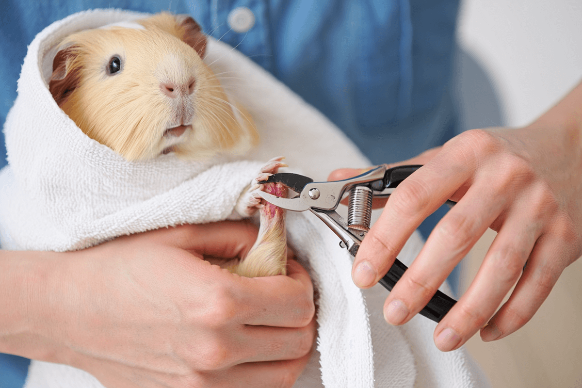 Стрижка когтей у морской свинки с помощью специального когтереза для грызунов.