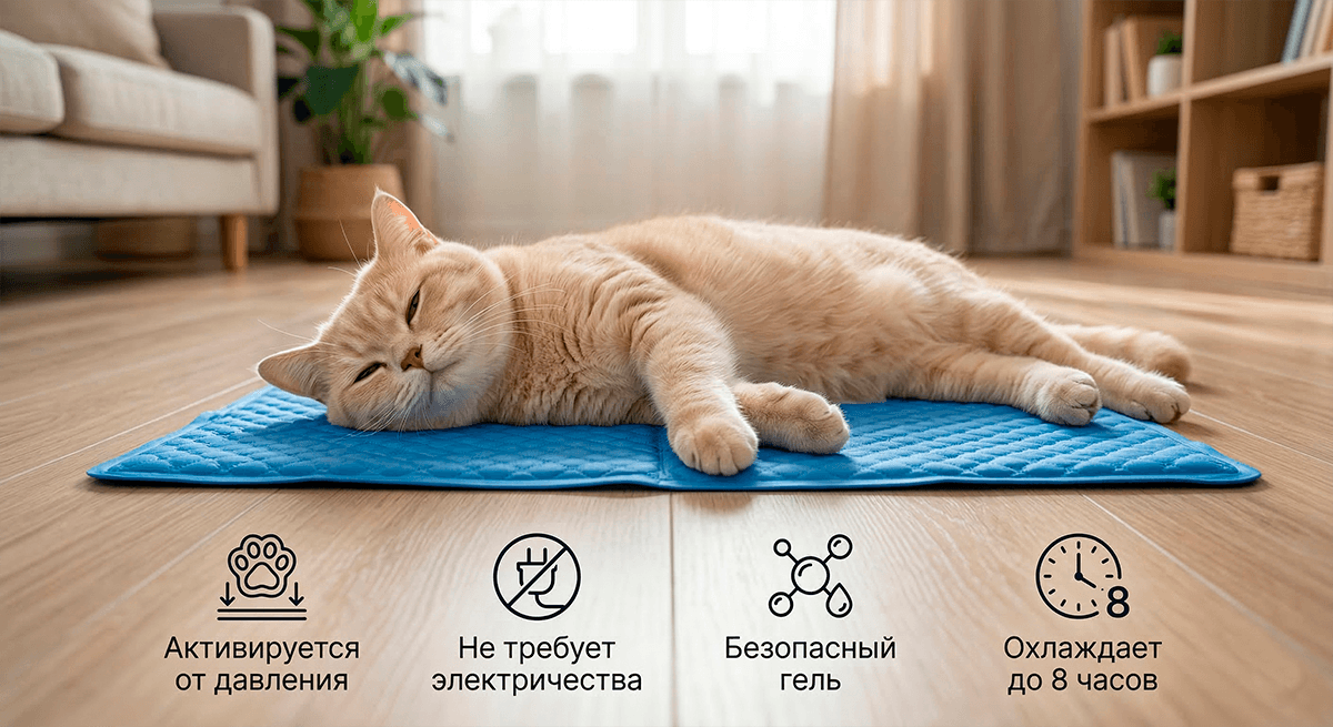 Светлая кошка спасается от летней жары, лежа на синем охлаждающем коврике