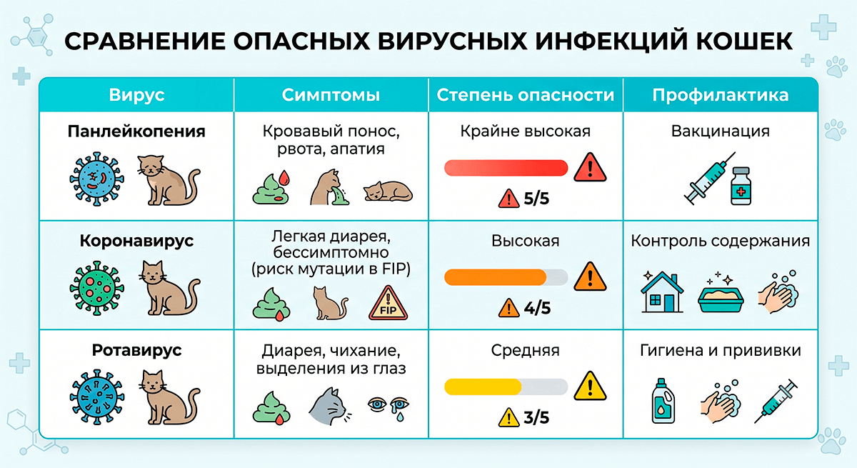 Сравнительная таблица опасных вирусных инфекций кошек с симптомами и профилактикой