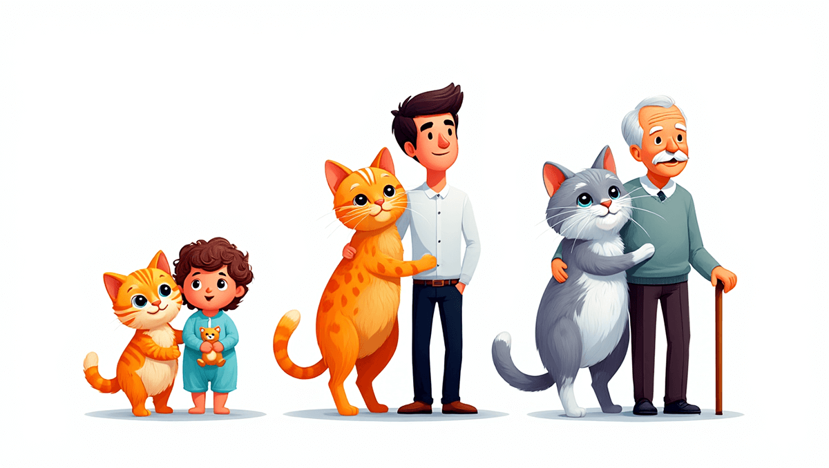 Инфографика, сравнивающая этапы жизни кошки и человека: котенок и ребенок, взрослая кошка и молодой человек, пожилая кошка и пожилой человек