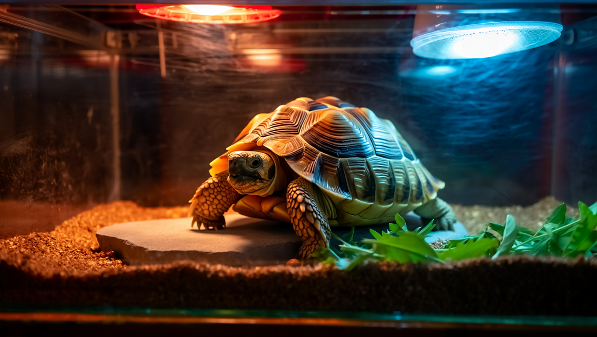 Террариум для сухопутной черепахи с ультрафиолетовой и греющей лампами.