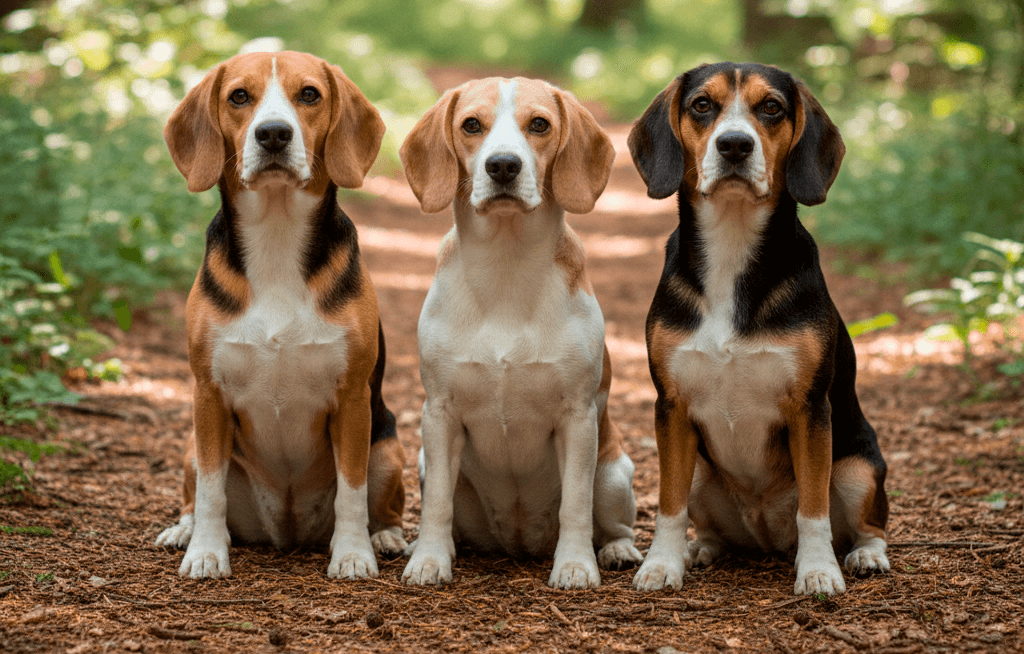  Три бигля разных окрасов (триколор и биколор) сидят на лесной тропинке