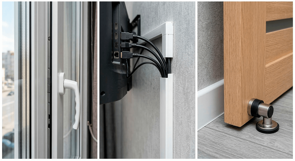 Три правила безопасности для кошки: закрытые окна, спрятанные провода и дверной стоппер от захлопывания.