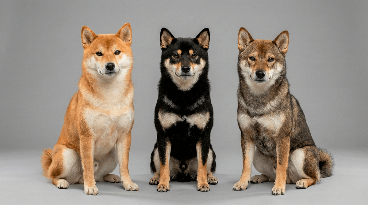 Три вида окраса сиба-ину: рыжий, черно-подпалый и сезам (кунжутный).