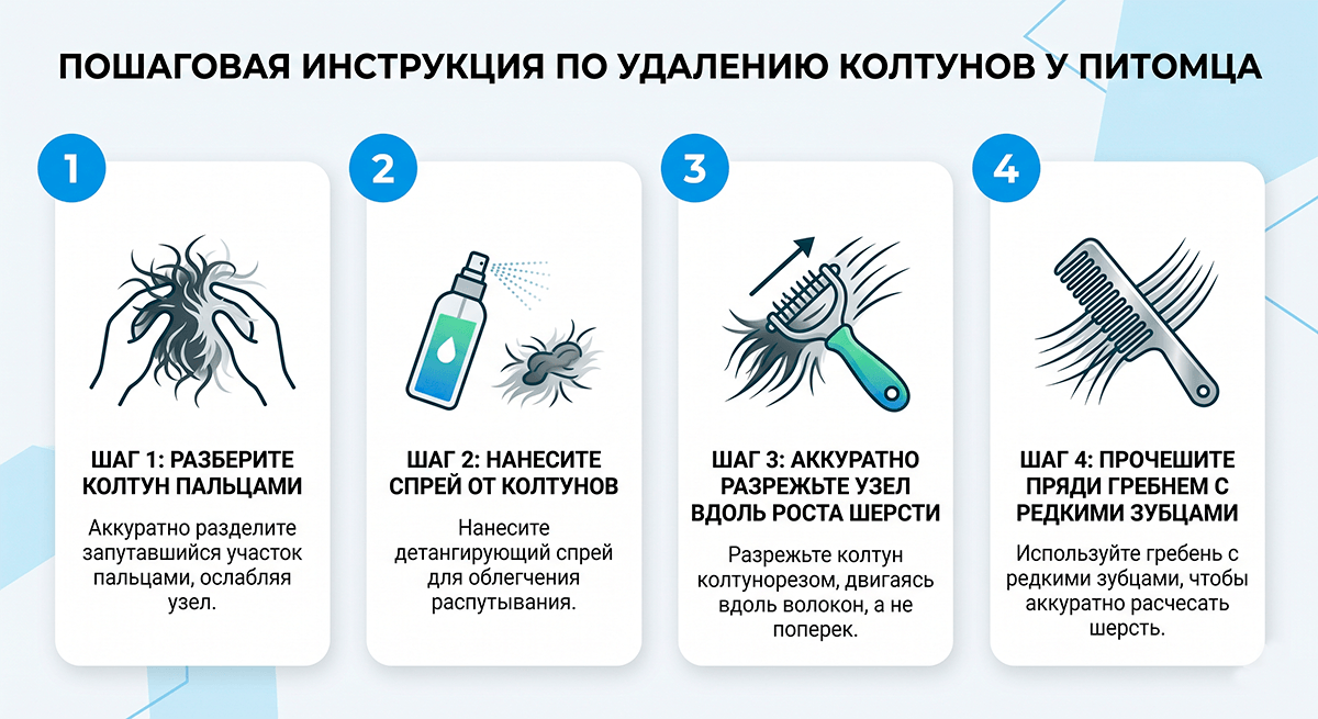 Пошаговая схема безопасного распутывания и удаления колтунов у собак и кошек
