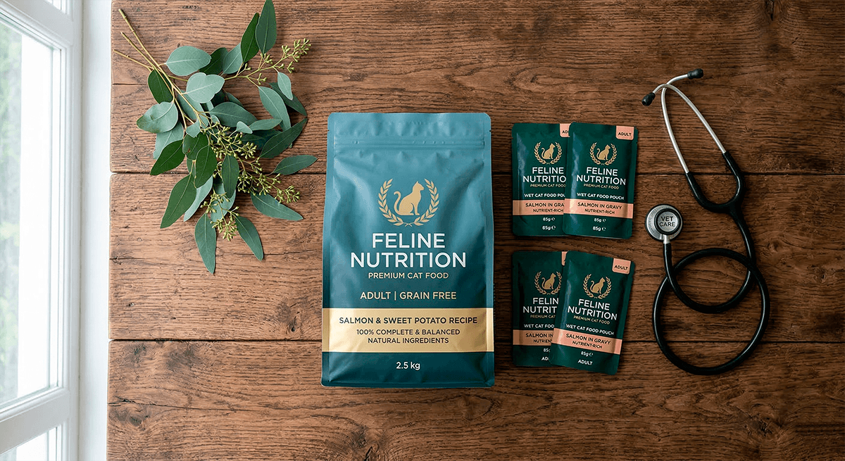 Упаковка сухого корма и паучи влажного корма одного бренда