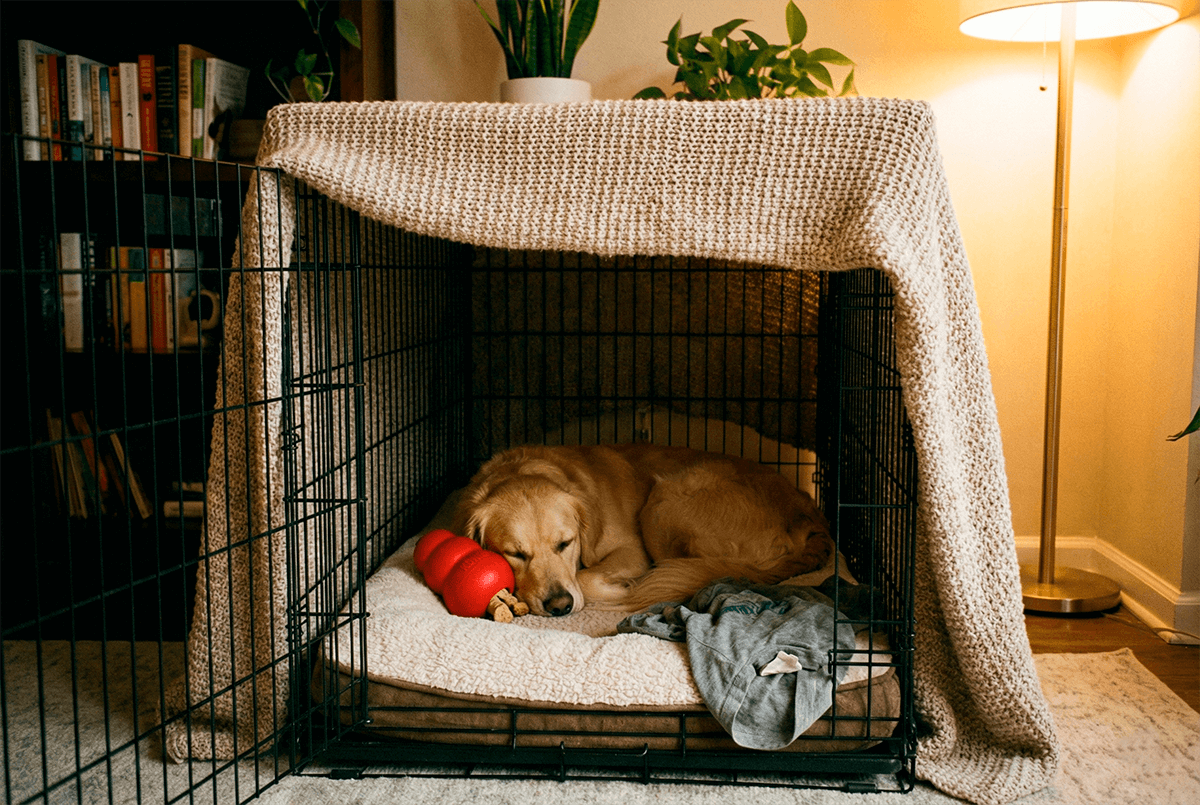Уютное и безопасное место (логово) для собаки с игрушками и пледом.
