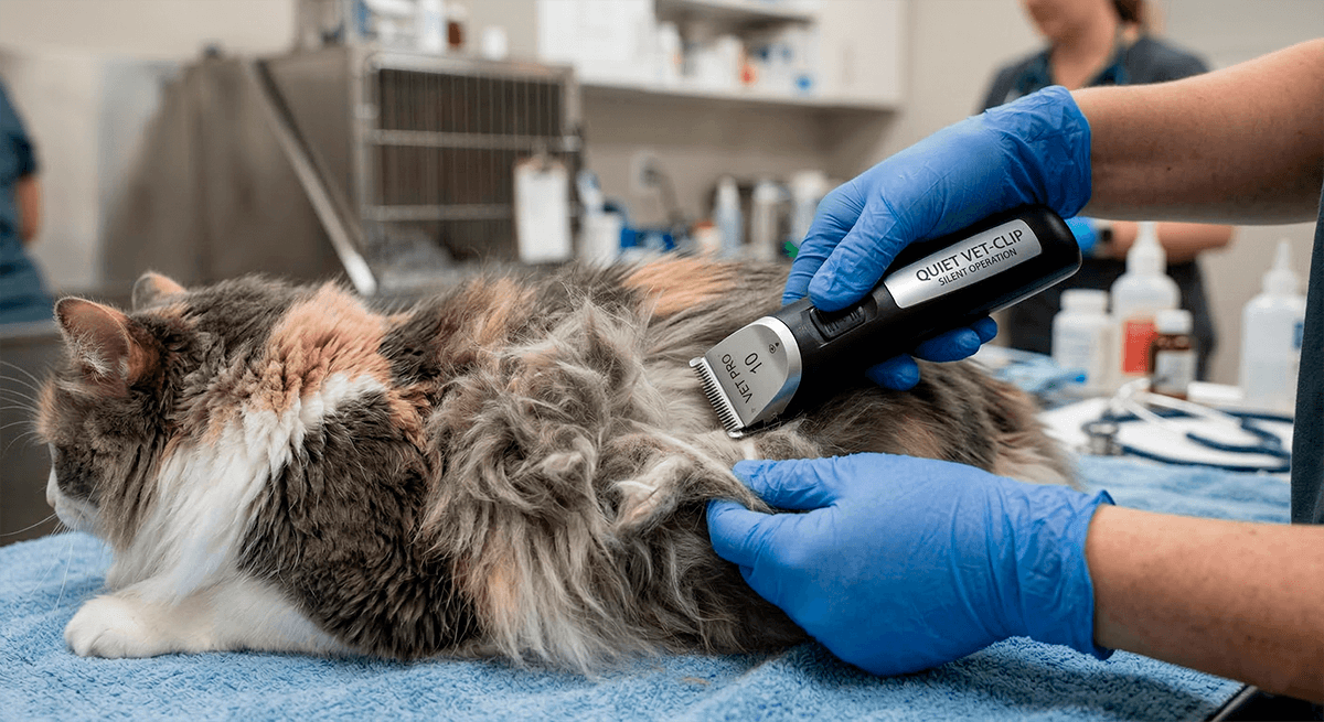 Ветеринар аккуратно состригает свалявшийся колтун у кошки специальной машинкой.