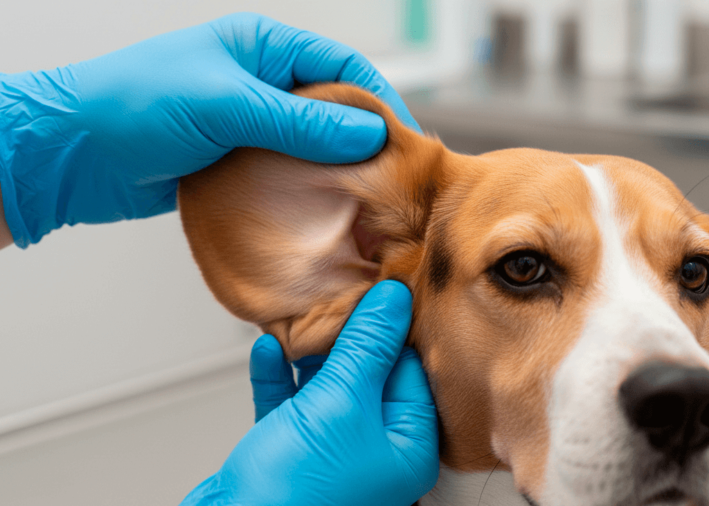 Ветеринар осматривает длинные висячие уши бигля