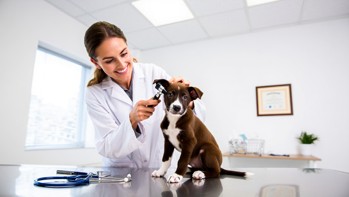 Ветеринарный осмотр щенка перед покупкой: проверка здоровья ушей и глаз.