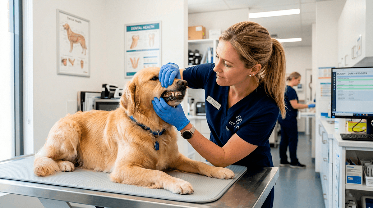 Ветеринарный врач осматривает зубы собаке