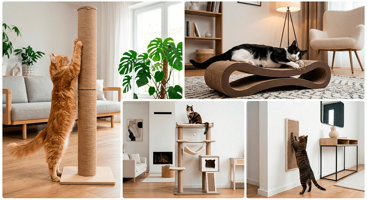 Различные виды когтеточек для кошек: столбик, картонная, настенная, игровой комплекс