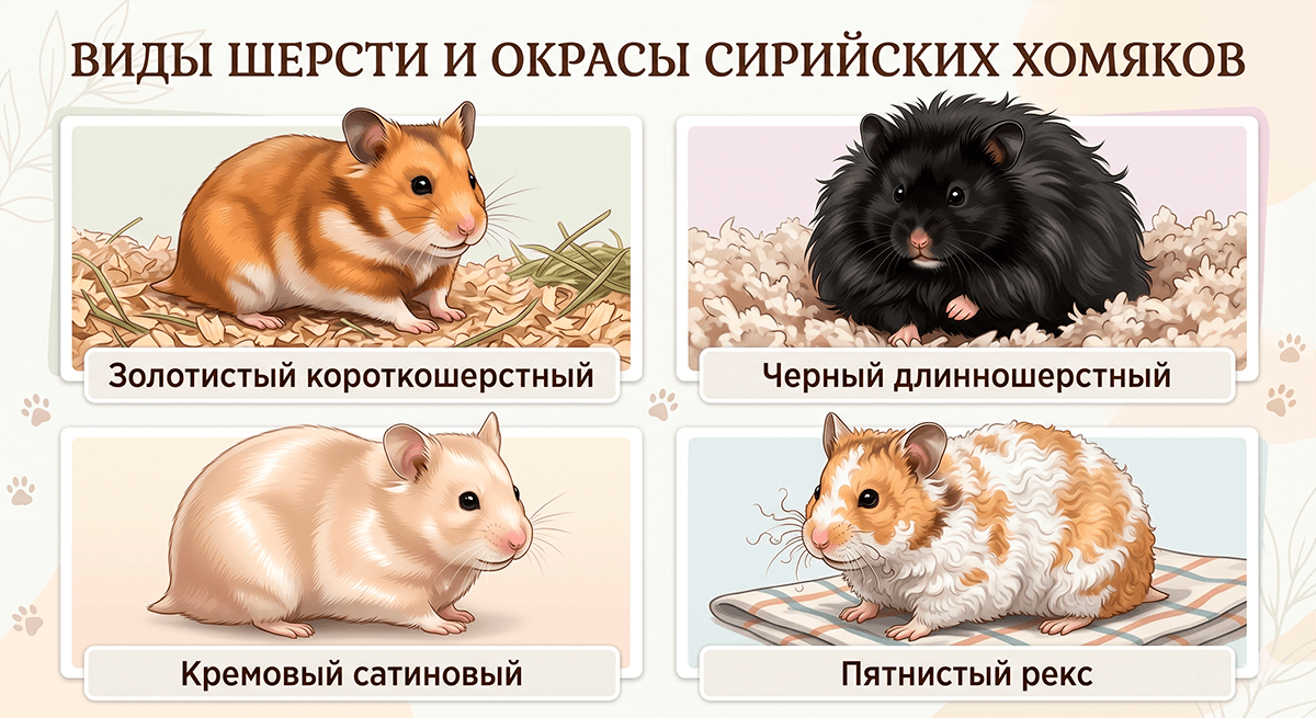 Инфографика: 4 вида шерсти и окраса сирийских хомяков (короткошерстный, длинношерстный, сатиновый, рекс)