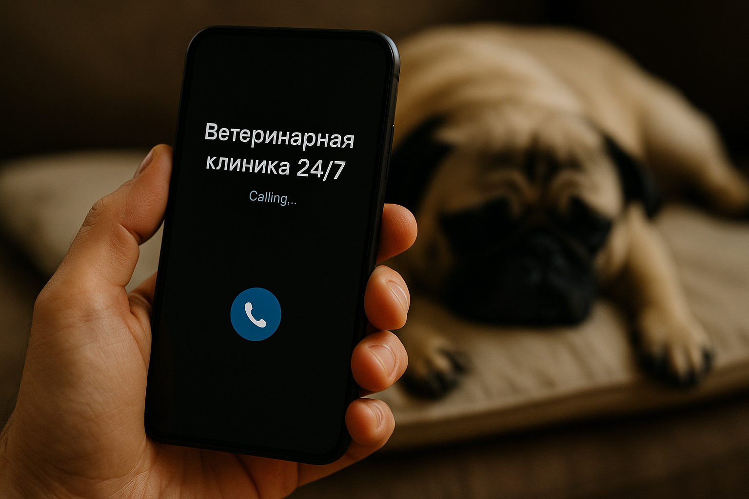 Владелец срочно звонит ветеринару из-за плохого самочувствия собаки