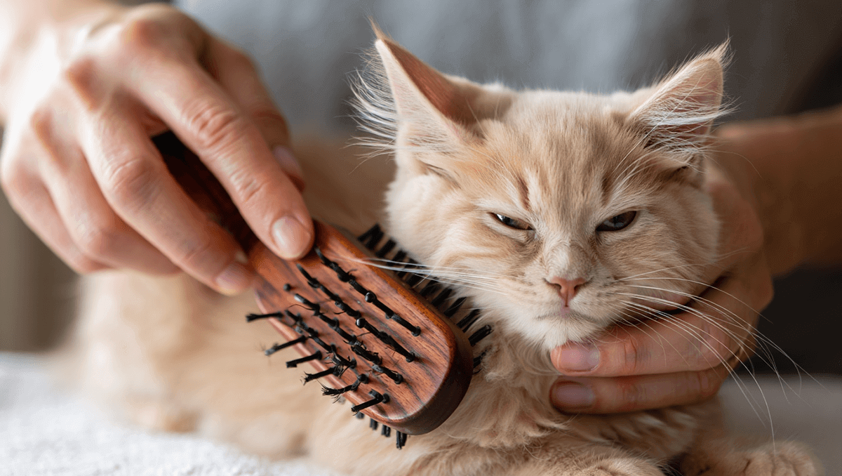 Владелец ухаживает за шерстью котенка и приучает его к гигиене с помощью специальной щетки для груминга, необходимой для ухода за питомцем.