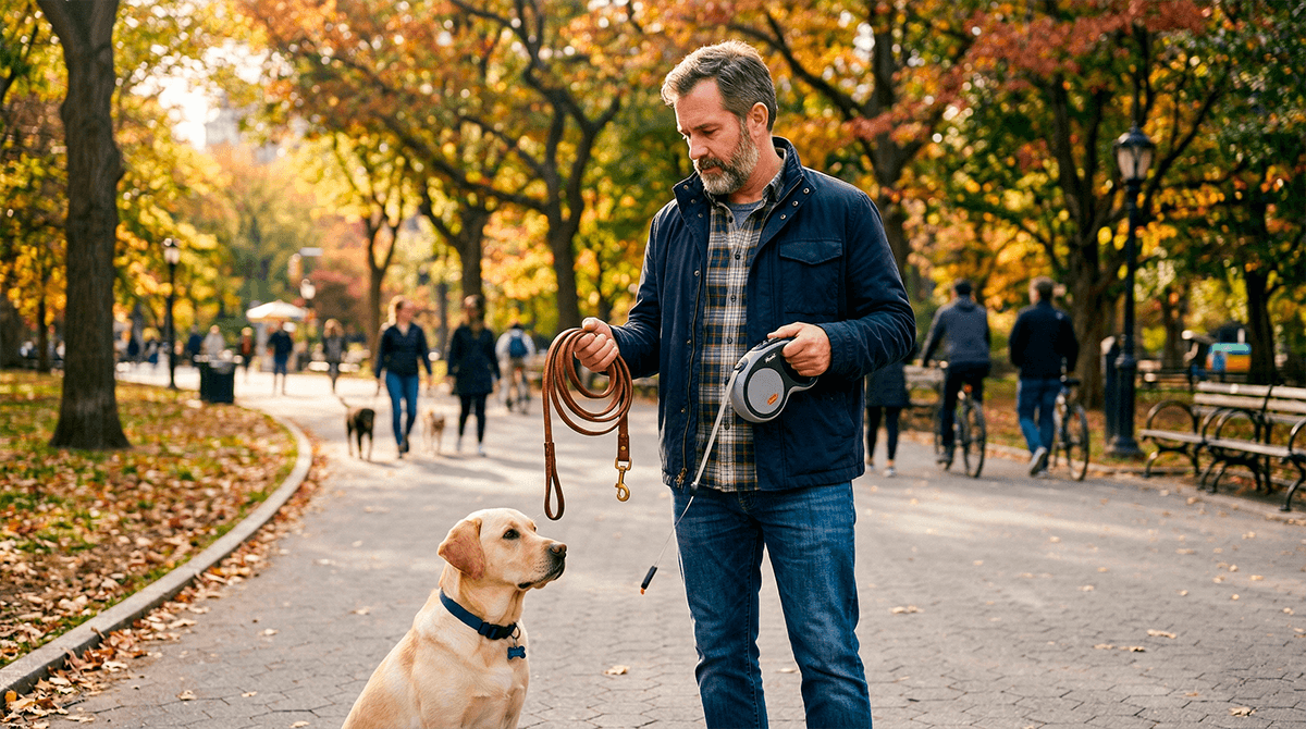 Владелец выбирает между рулеткой и классическим поводком для собаки
