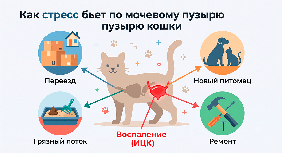 Инфографика влияния стрессовых факторов на развитие идиопатического цистита у кошек