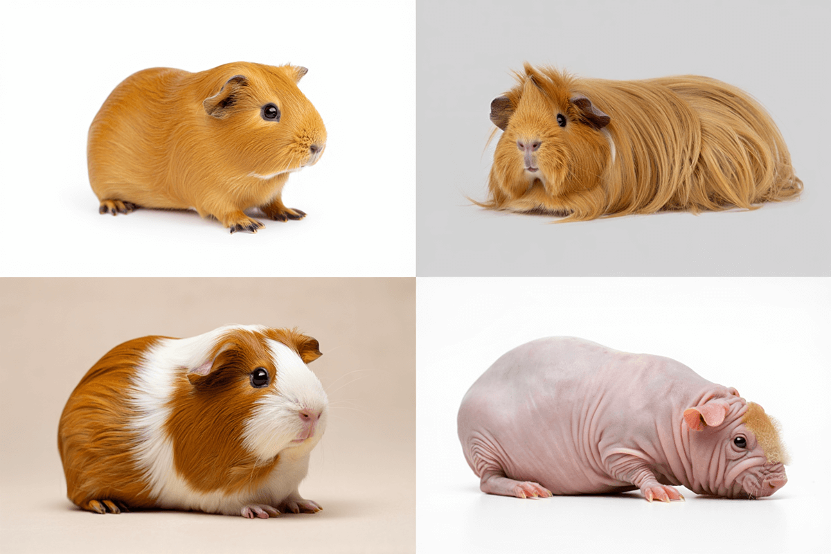 Коллаж из четырех пород морских свинок: гладкошерстная, длинношерстная перуанская, абиссинская и лысая скинни.