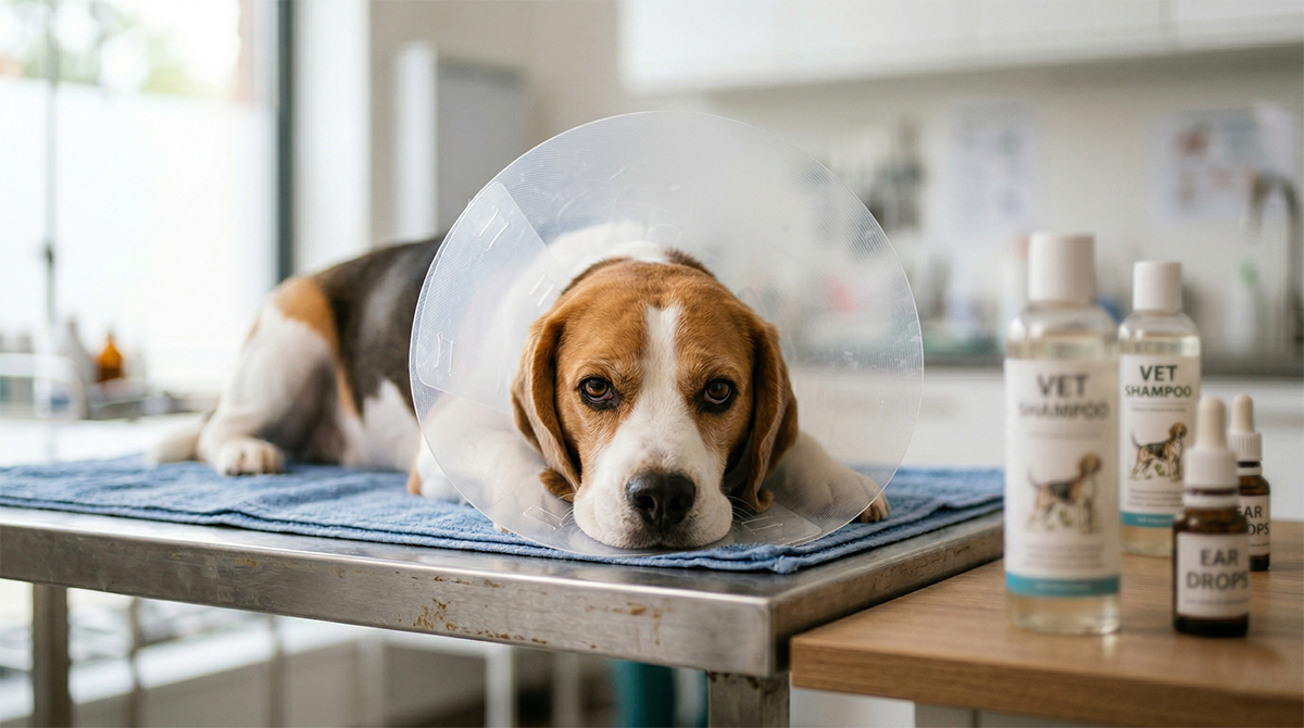 Собака в ветеринарном воротнике для защиты от расчесов