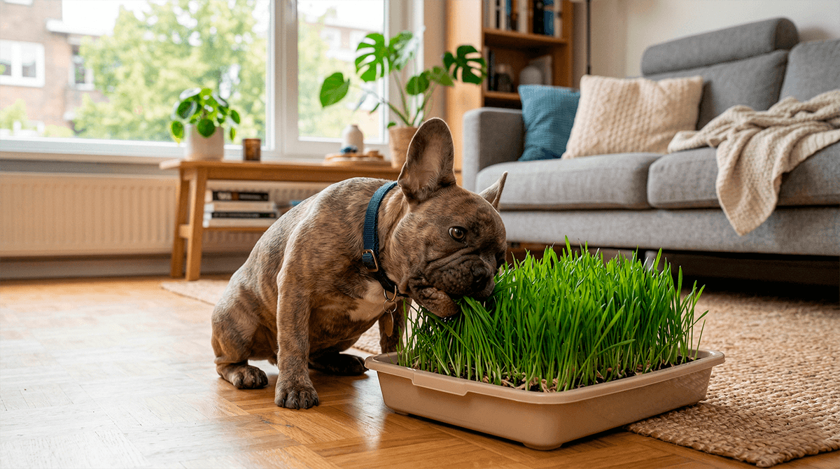 Щенок ест пророщенную траву дома из лотка