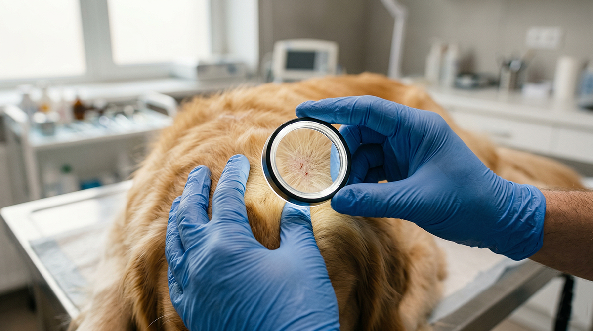 Осмотр кожи собаки ветеринаром при дерматите