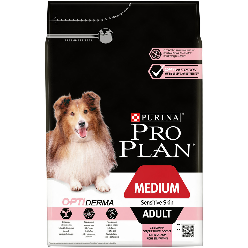 Сухой корм для для взрослых собак средних пород с чувствительной кожей Pro Plan Opti Derma с лососем