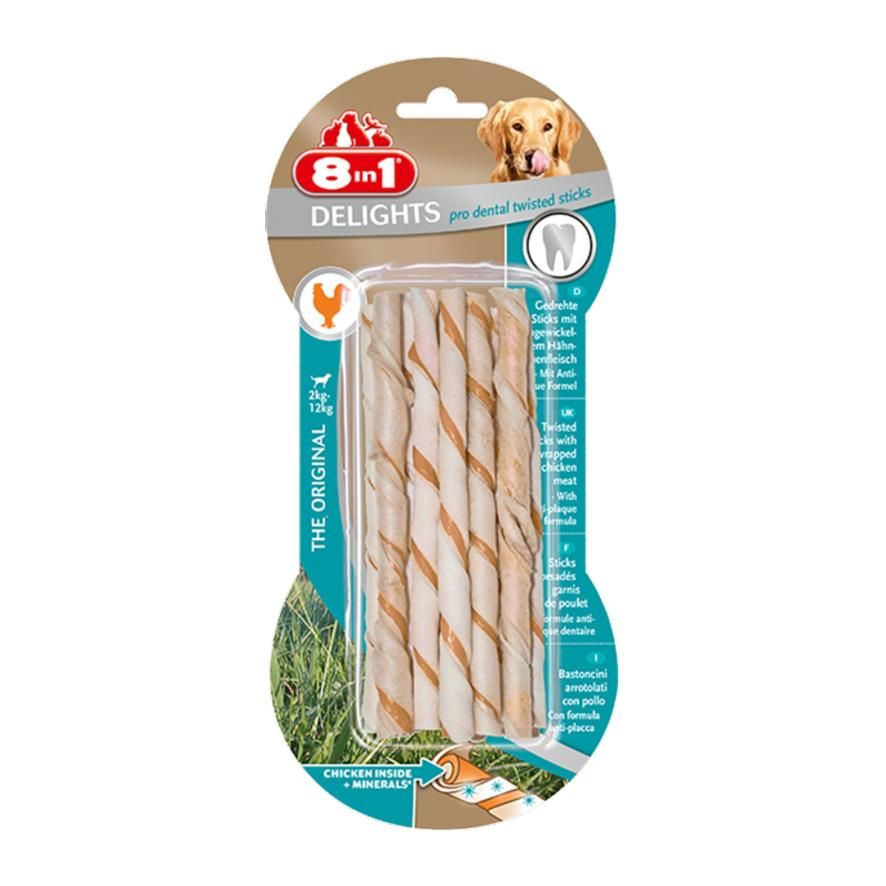 Превью Лакомство для собак 8в1 Delights Pro Dental Twisted Sticks Палочки плетеные с курицей 55 г 10 шт./уп. 
