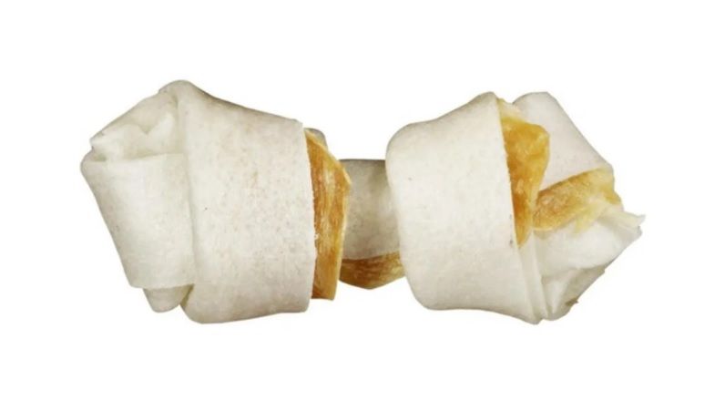 Превью Лакомство для собак мелких пород 8в1 Delights Pro Denta Кость из сушеной говяжьей кожи с куриным мясом и минералами, очищающими зубы, размер XS, 7,5 см 3