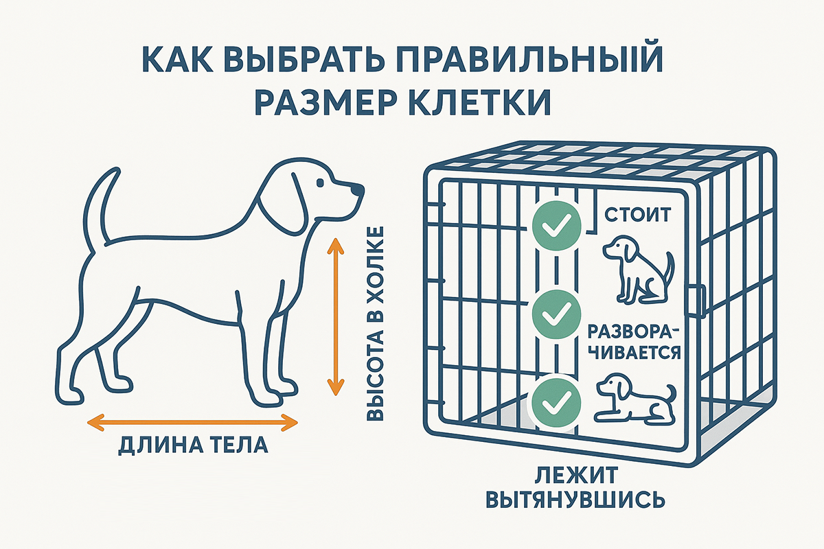 Инфографика, которая объясняет, как правильно выбрать размер клетки или переноски для собаки по ее росту и длине.