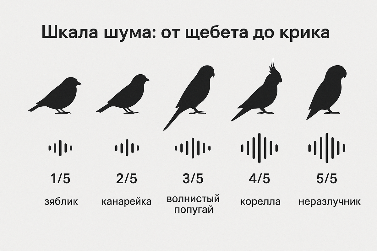 Инфографика: шкала уровня шума птиц для квартиры, от тихих амадин (2/5) до громких неразлучников (4/5).