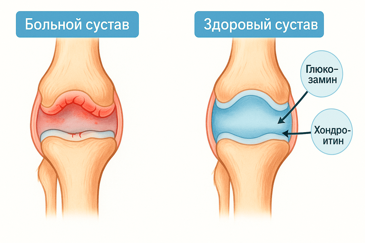 Инфографика, показывающая механизм действия хондропротекторов на больной и здоровый сустав кошки