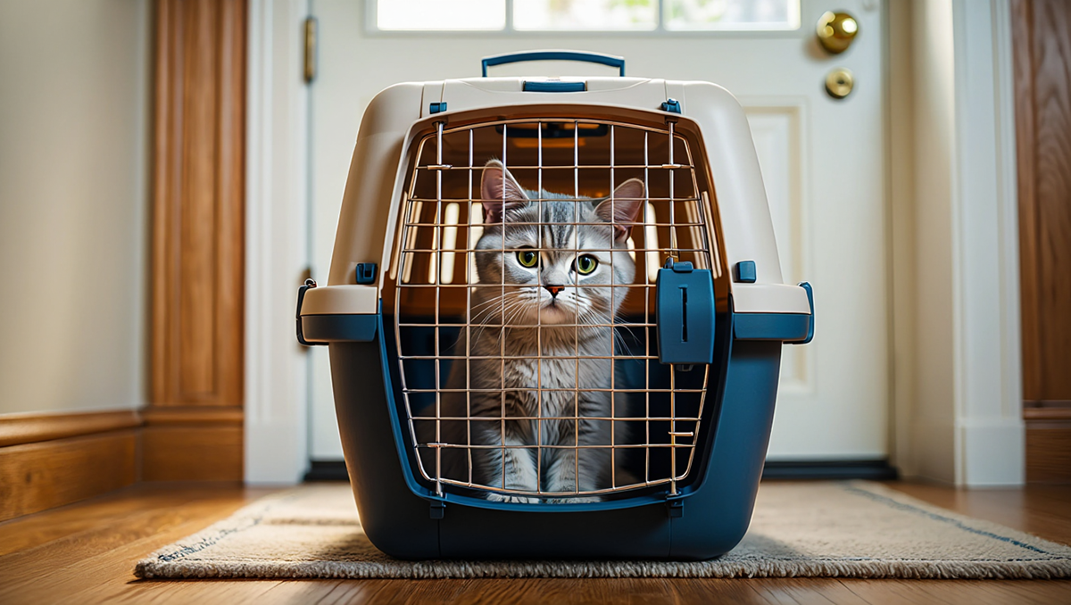 Серая британская кошка в пластиковой переноске для визита к ветеринару