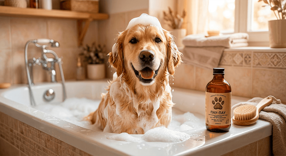 Довольная собака в ванной в пене от специального зоошампуня