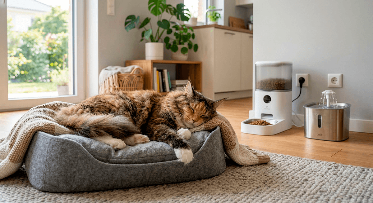 Домашняя кошка спокойно отдыхает дома рядом с автокормушкой и питьевым фонтанчиком.