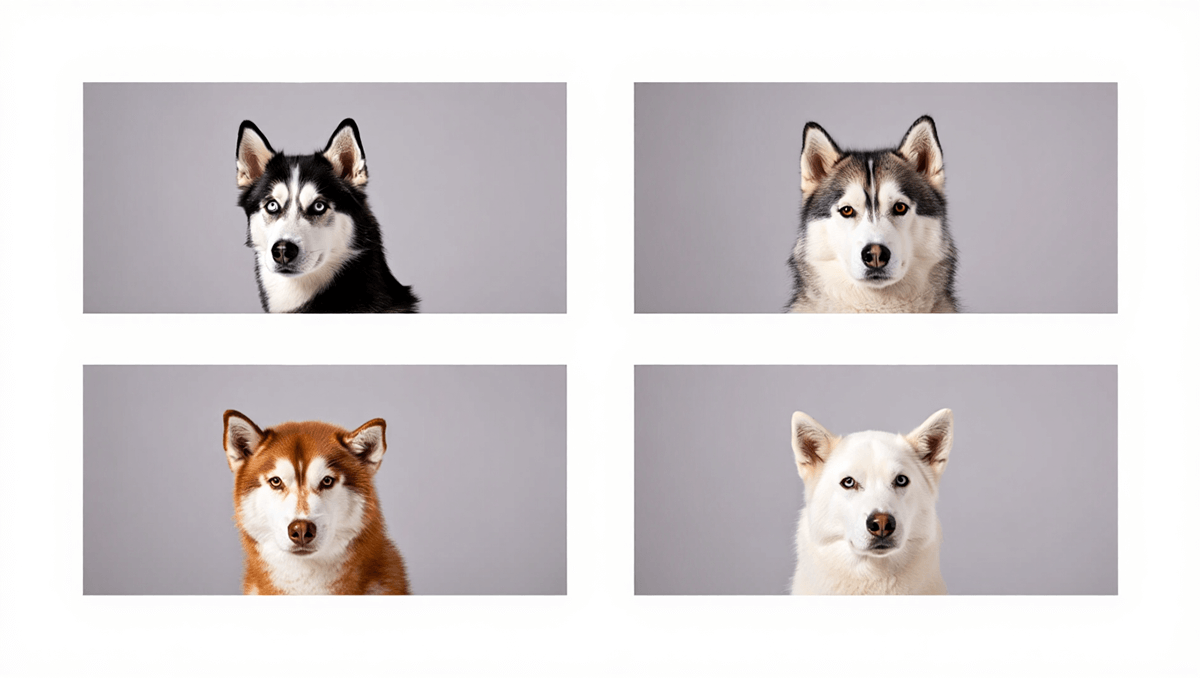 Разные окрасы сибирских хаски: черно-белый, серо-белый, рыжий и белый