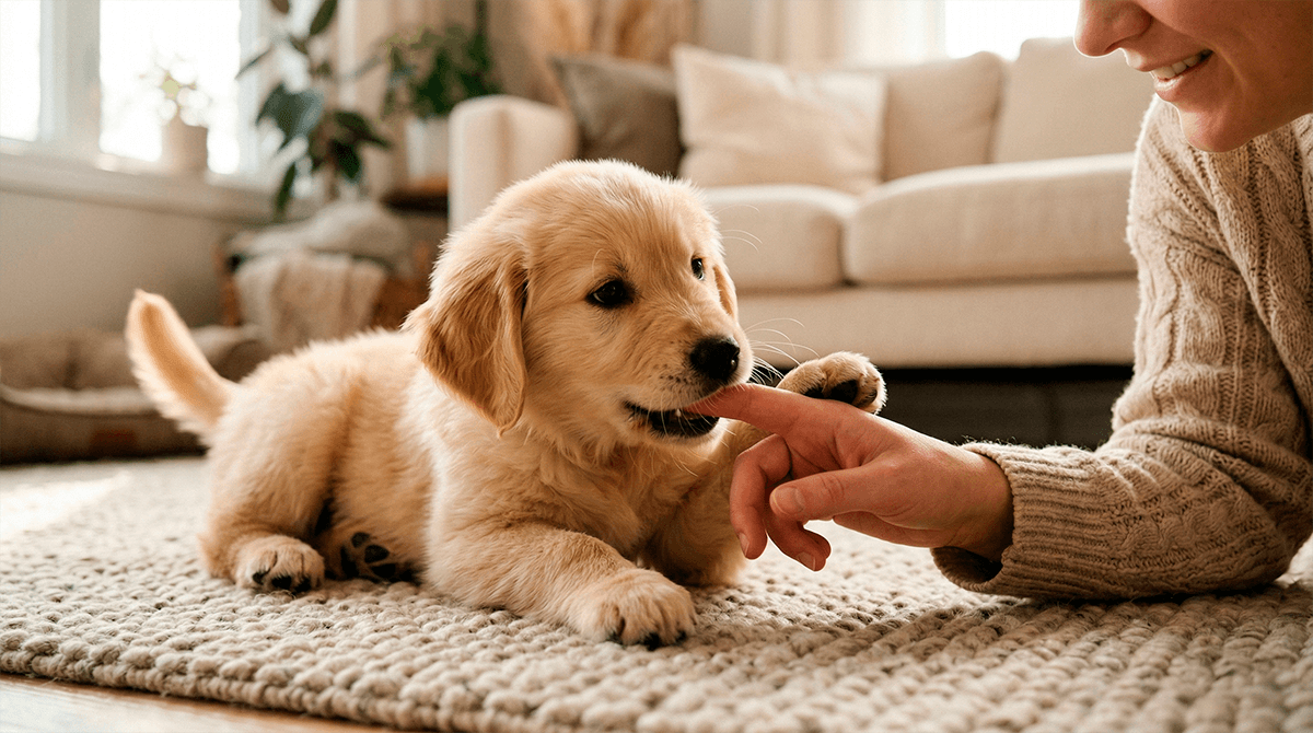 Почему щенок кусает руки в игре Щенок играется и кусает руку хозяина
