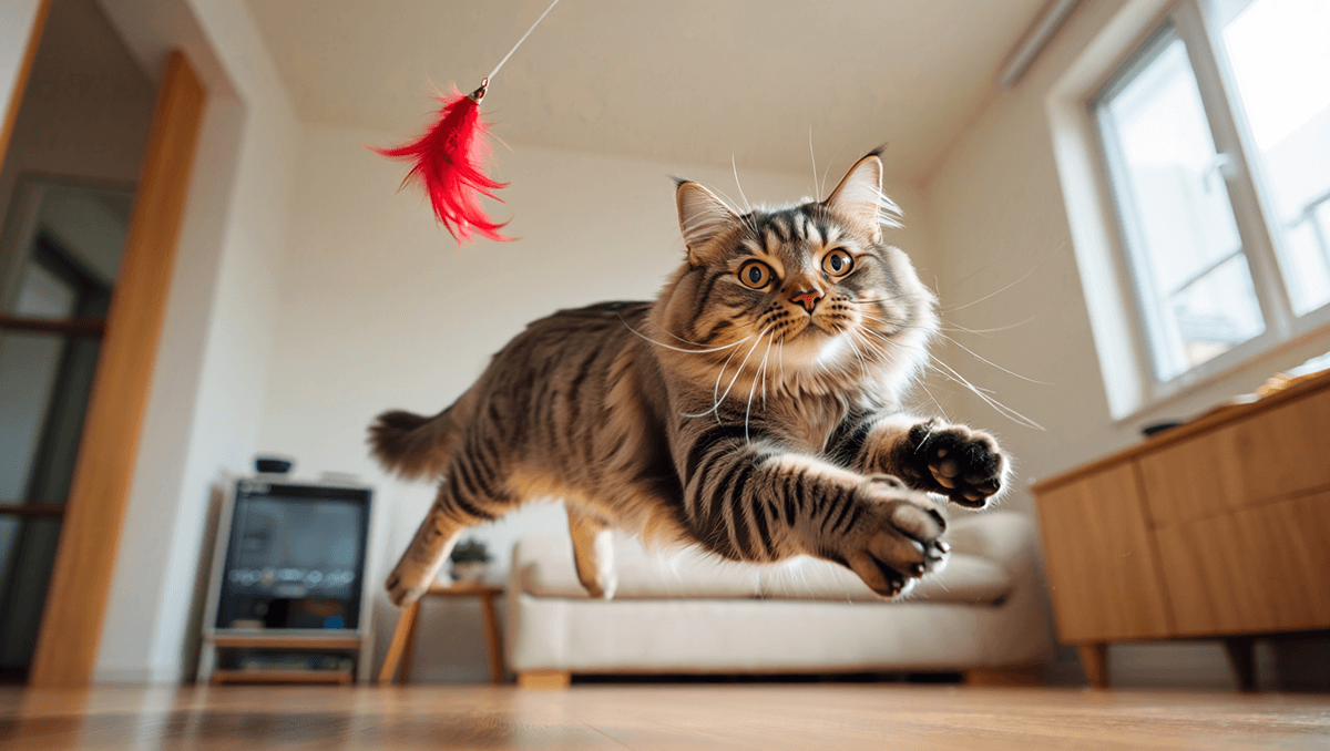 Сибирская кошка в прыжке ловит игрушку-дразнилку