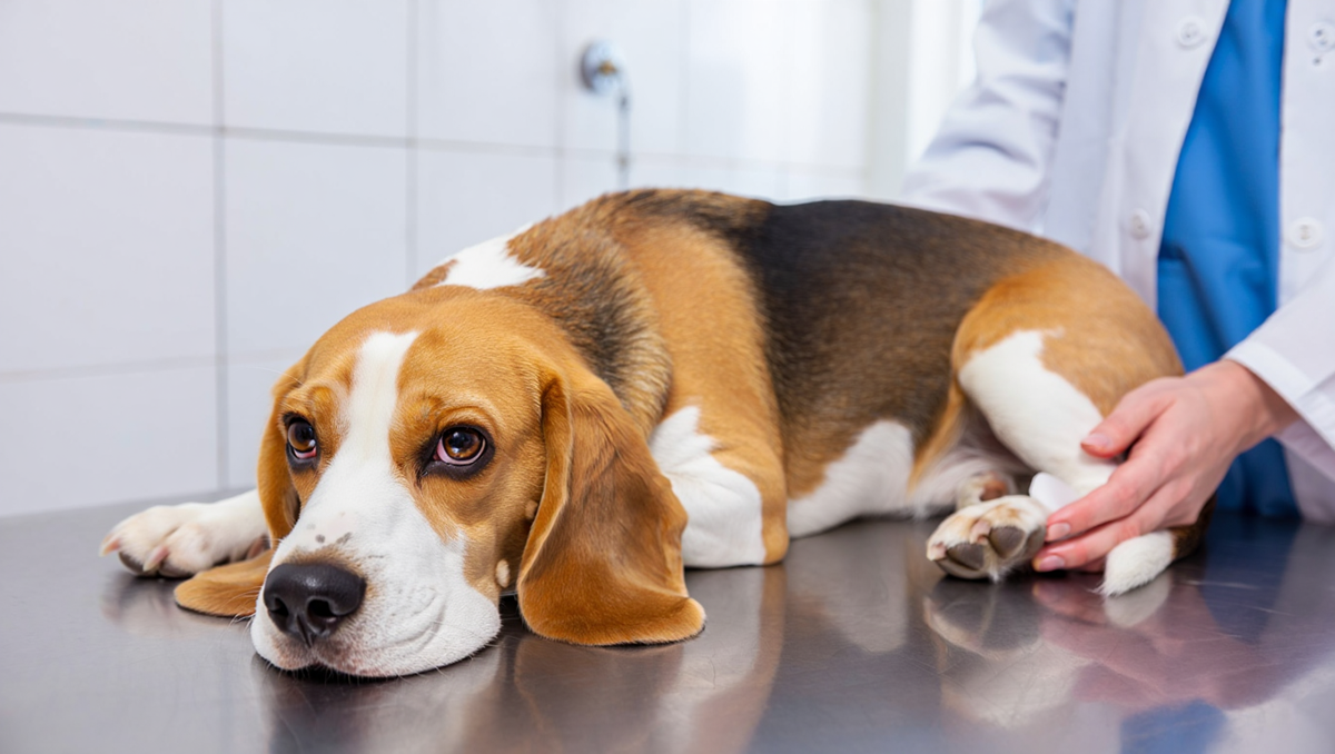 Ветеринар осматривает грустную собаку на столе в ветеринарной клинике