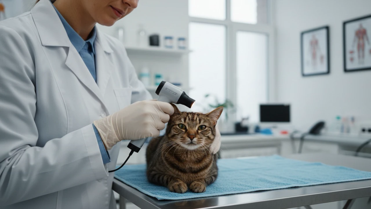 Ветеринарный врач осматривает ухо кошки с помощью отоскопа для диагностики отодектоза