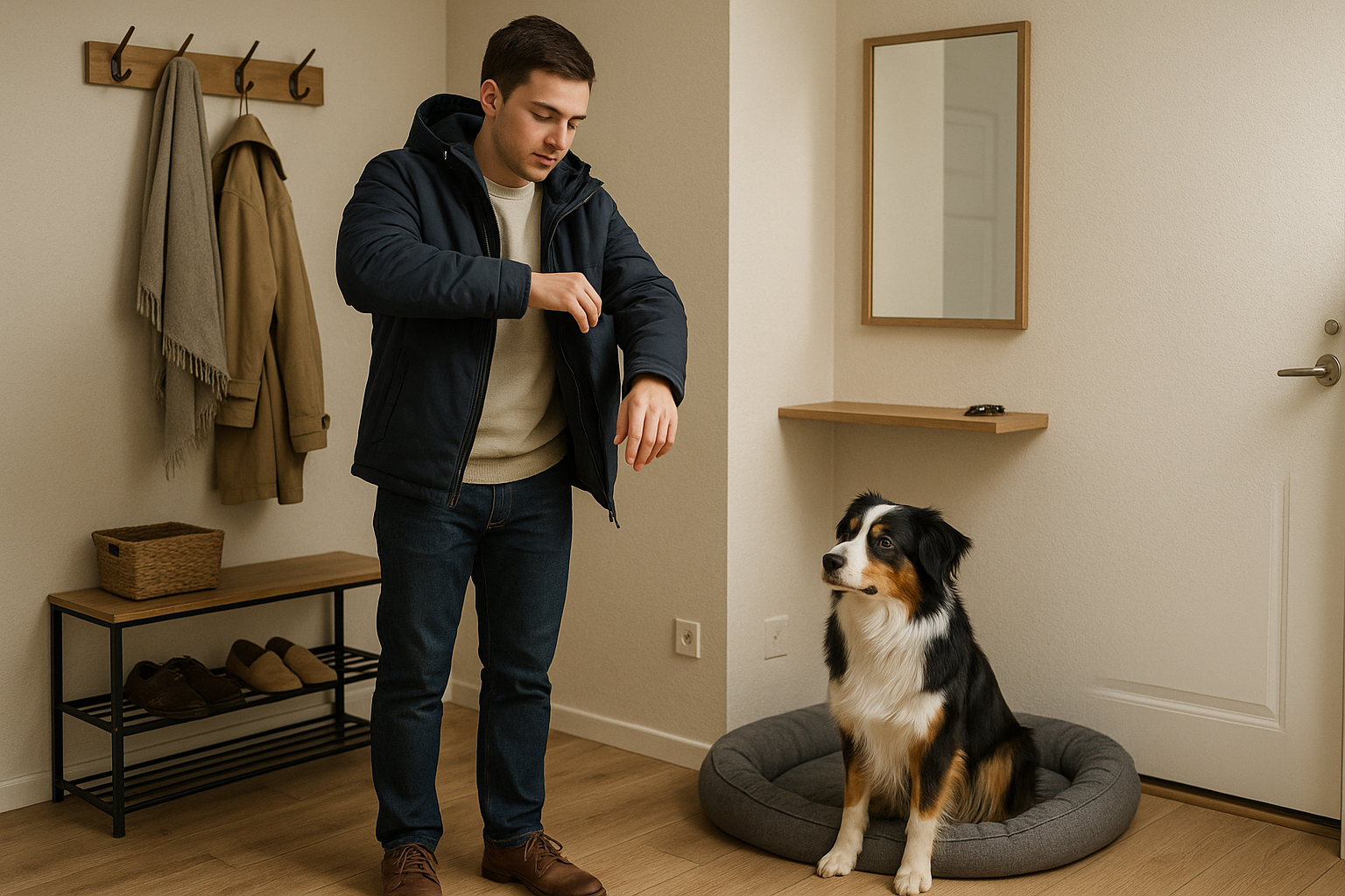 Владелец спокойно собирается уходить, собака без тревоги наблюдает за ним