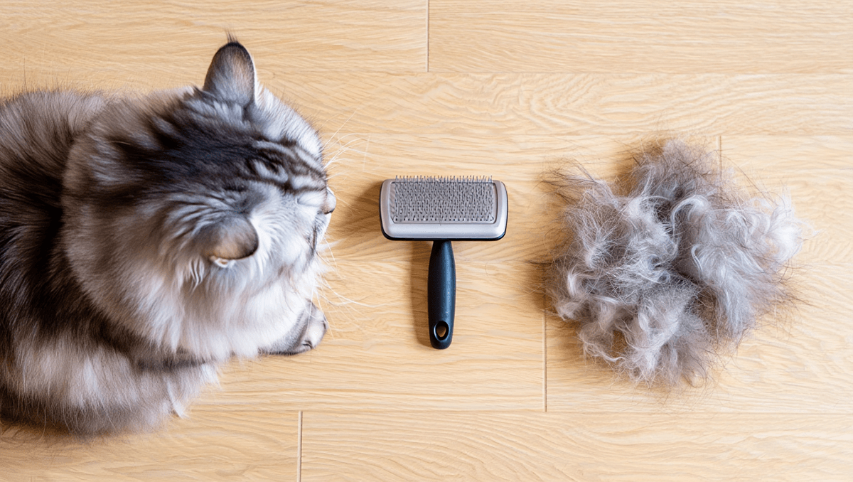 Вычесывание подшерстка у сибирской кошки в период линьки