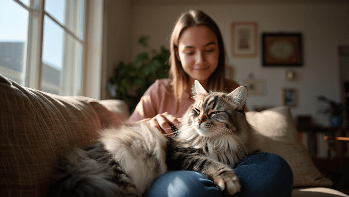 Женщина гладит сибирскую кошку, которая может подойти людям с аллергией